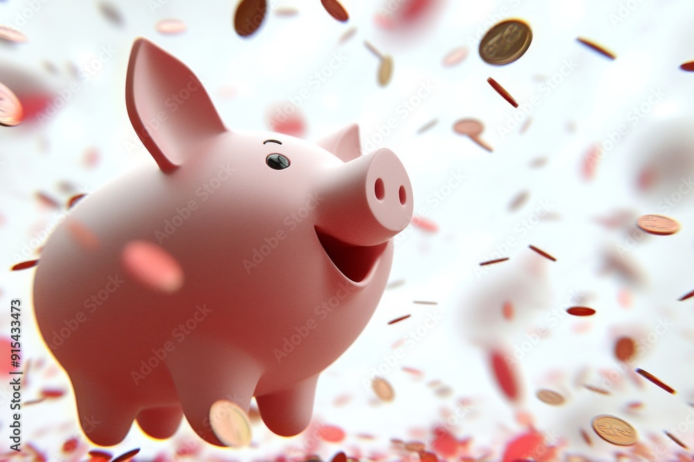 The pink piggy bank has falling coins floating on a transparent background The pink piggy bank has falling coins floating on a transparent background