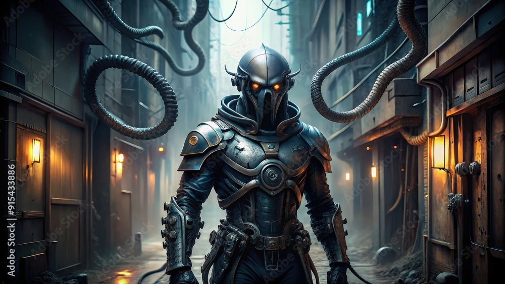 Knight cyborg with tentacles blending into a shadowy, cyberpunk alleyway , knight, cyborg, tentacles, blending, shadowy Knight cyborg with tentacles blending into a shadowy, cyberpunk alleyway , knight, cyborg, tentacles, blending, shadowy