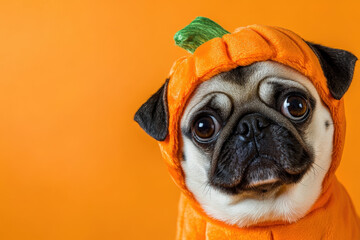 Adorable pug dog wearing a funny halloween pumpkin costume posing on an orange background