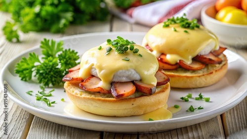 Classic eggs Benedict with Hollandaise sauce on a white plate, garnished with parsley, bacon