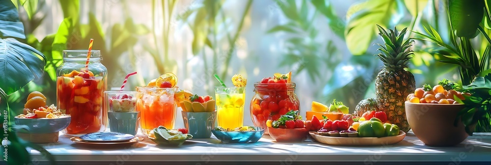 Summer Fruit Salad with Lemonade and Iced Tea - Realistic Photo Summer Fruit Salad with Lemonade and Iced Tea - Realistic Photo