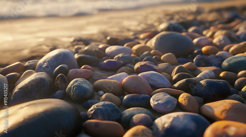 Praia de seixos com pedras multicoloridas, foto hiper-realista 4K photo