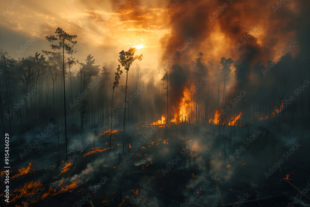 Fire in tropical forest, earth burnt to blackened charcoal covered in soot, burnt and dying trees, fire and thick smoke rising up to sky. Concept of environmental disaster, wildfire, deforestation Fire in tropical forest, earth burnt to blackened charcoal covered in soot, burnt and dying trees, fire and thick smoke rising up to sky. Concept of environmental disaster, wildfire, deforestation