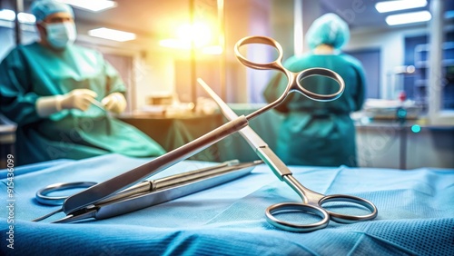 Surgical hemostatic forceps holding needle and suture in operating room setting , surgery, medical