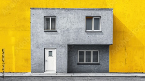 Modern concrete house with large yellow wall backdrop in urban setting