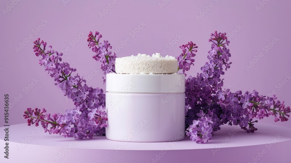 Cosmetic skincare product showcase with pumice stone podium and lilac flowers - Studio photoshoot. Cosmetic skincare product showcase with pumice stone podium and lilac flowers - Studio photoshoot.