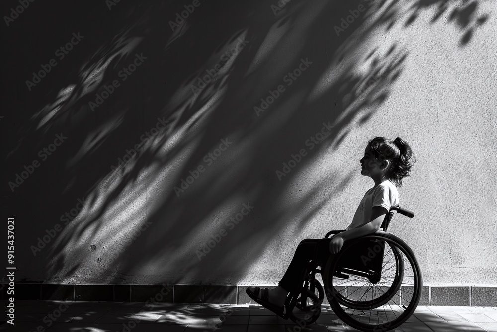 Obraz premium A little girl in a wheelchair against the background of a wall.