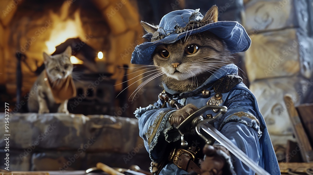 The blue cloaked cat in clothes musketeer with his dog and sword is positioned near to a castle fireplace The blue cloaked cat in clothes musketeer with his dog and sword is positioned near to a castle fireplace