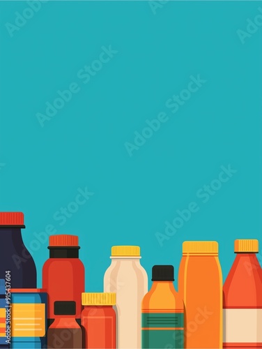 Colorful bottles and containers against a bright blue background in a minimalist design. photo