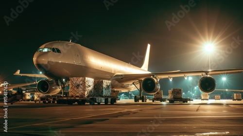 The large white airplane is parked on the runway at night. photo