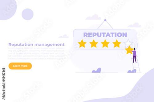 Reputation management, review high quality, customer feedback concept.  A businessman climbs up a ladder to place the fifth star, achieving the best rating