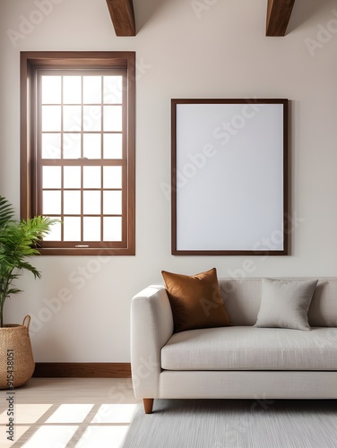 Mockup frame in Scandinavian living room near the window, mockup frame design, frame mockup