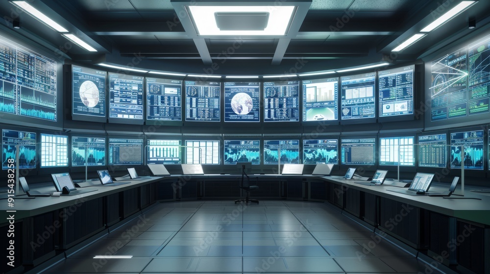 Futuristic control room interior with multiple computer screens. Futuristic control room interior with multiple computer screens.