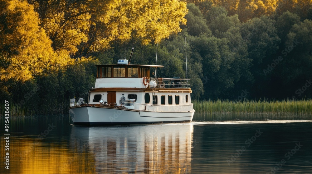 A cabin cruiser anchored in a serene location, with an inviting deck setup for relaxation A cabin cruiser anchored in a serene location, with an inviting deck setup for relaxation