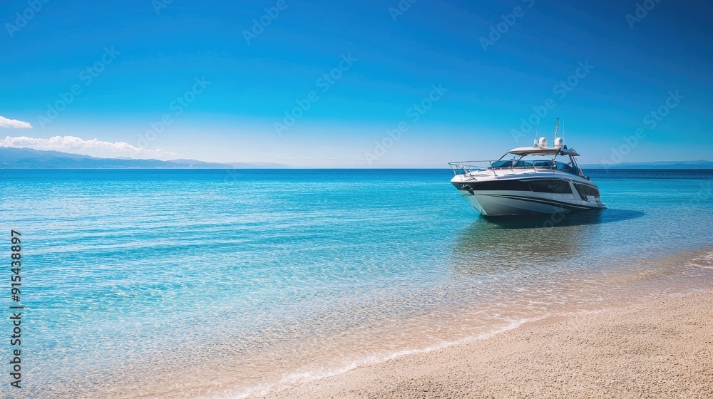 A cabin cruiser anchored on Estepona Beach with clear blue skies and calm waters, perfect for a relaxing getaway A cabin cruiser anchored on Estepona Beach with clear blue skies and calm waters, perfect for a relaxing getaway