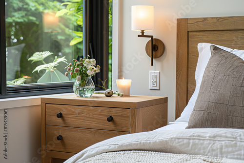 The bedroom has an oak bedside table with two drawers, which is placed next to the bed and features black brass hardware. The wall above it showcases a warm sconce light that illuminates a candle. photo