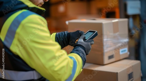 Warehouse worker scanning a box with a handheld scanner.
