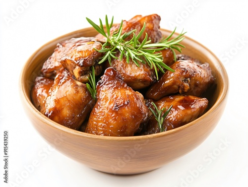 Wooden bowl filled with rosemary-seasoned roasted chicken legs is ready to be enjoyed