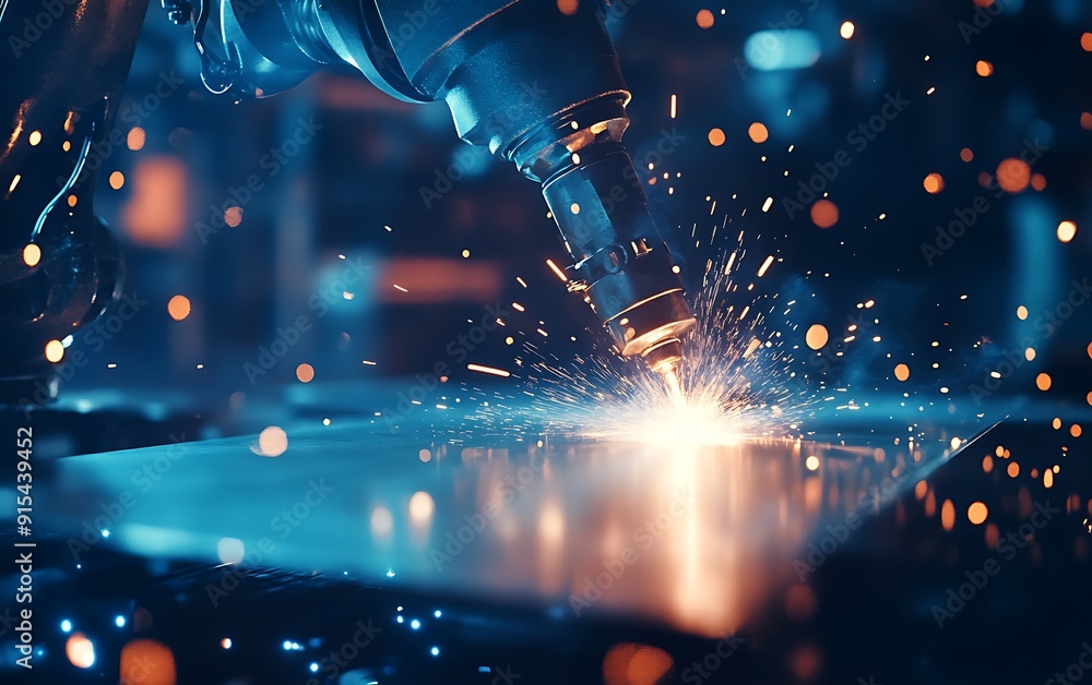Industrial Robot Welding Metal Sheets Close-Up with Flying Sparks Industrial Robot Welding Metal Sheets Close-Up with Flying Sparks