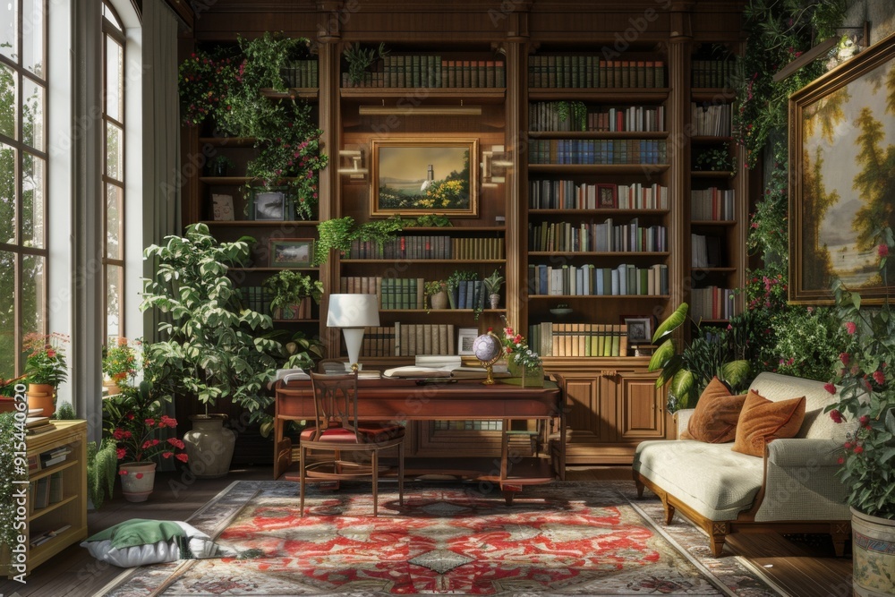 Fototapeta premium A Sunny Study Filled with Plants and Books