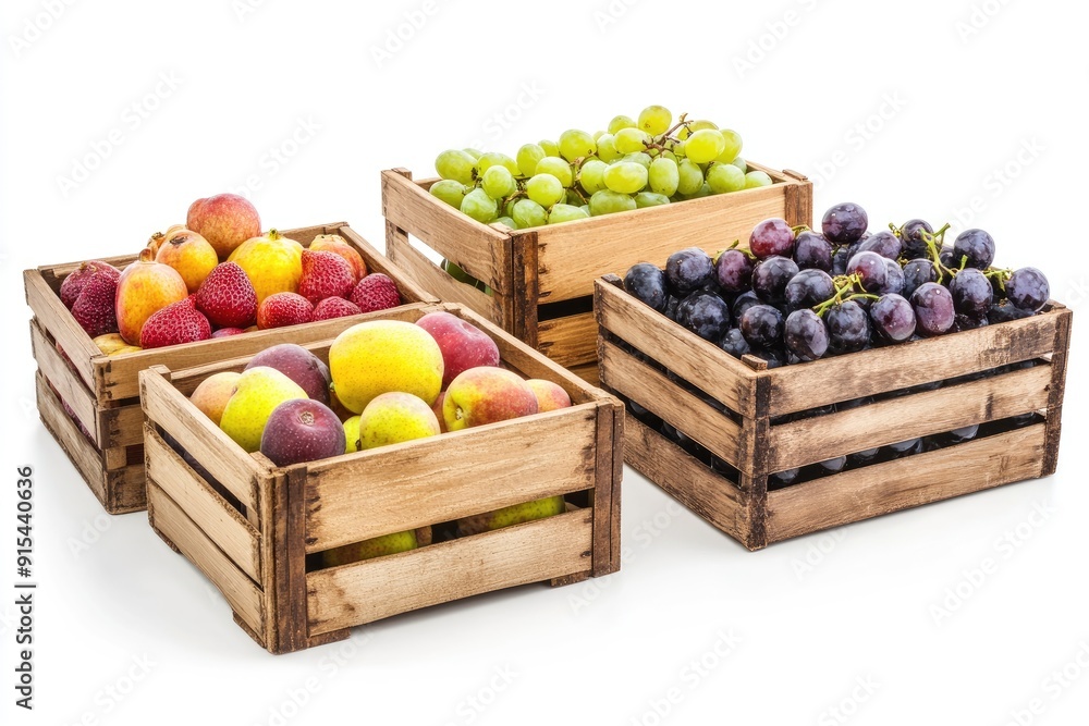 Four Wooden Crates Filled with Fresh Fruit: Peaches, Strawberries, Green and Black Grapes