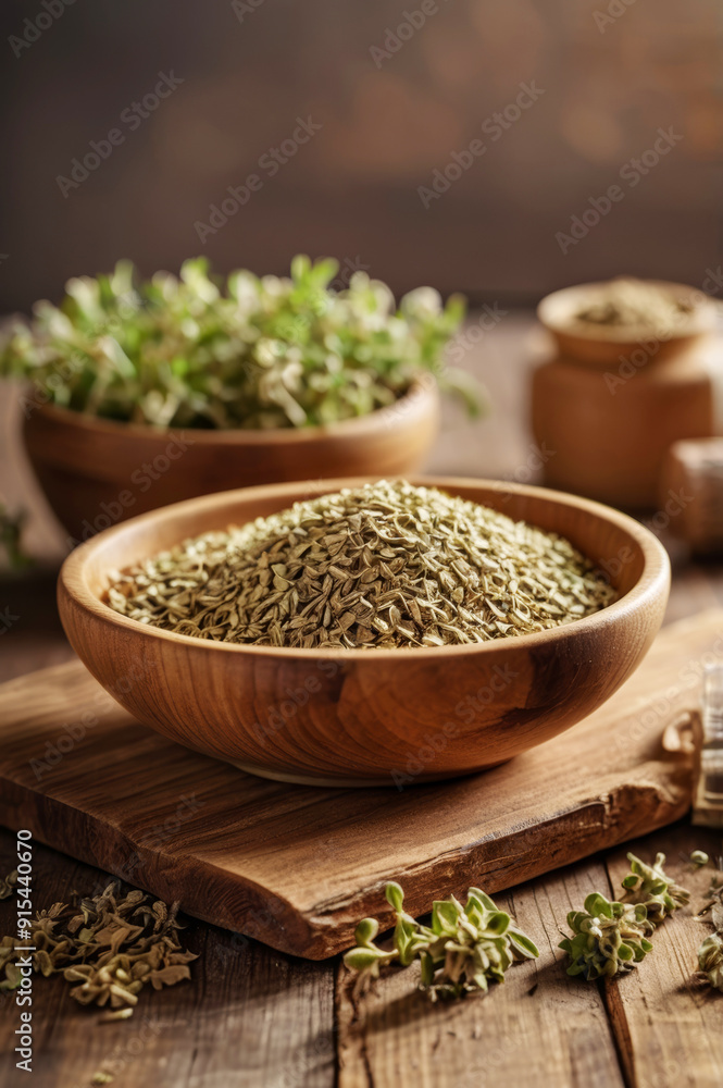 Dried spicy herbs in a wooden bowl on a wooden table with sprigs of fresh herbs Dried spicy herbs in a wooden bowl on a wooden table with sprigs of fresh herbs