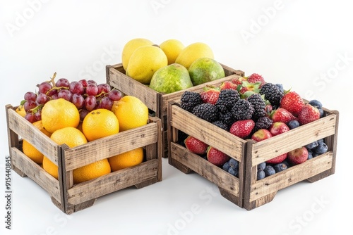 Assorted Fruits in Wooden Crates on White Background