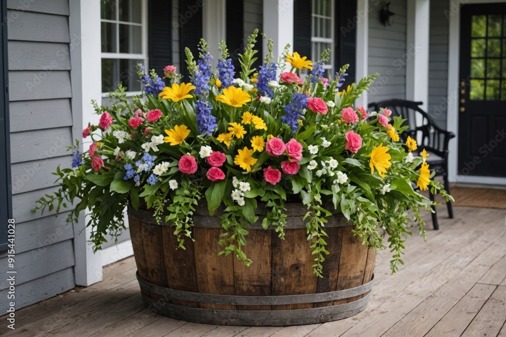 Large floral arrangement sitting on of an old oak barrel outside on a porch Large floral arrangement sitting on of an old oak barrel outside on a porch