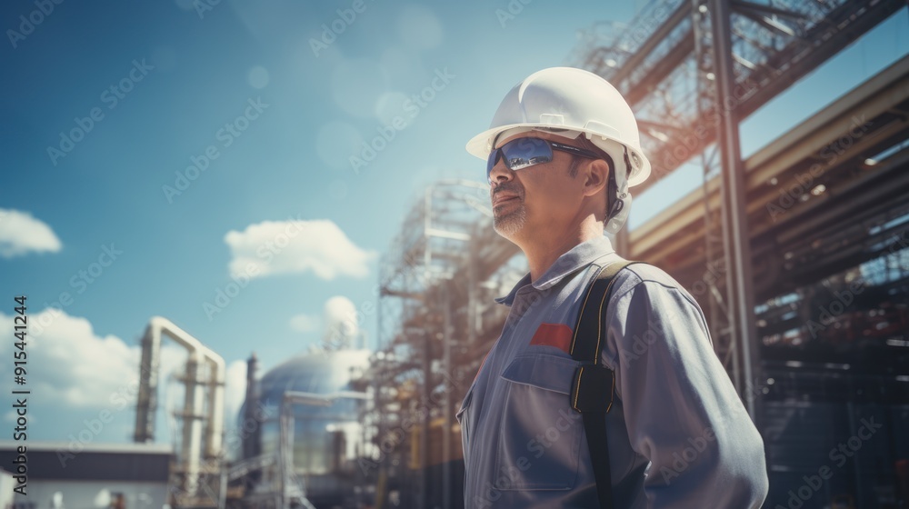 A smiling engineer in a hardhat is inspecting a construction site inside a factory A smiling engineer in a hardhat is inspecting a construction site inside a factory