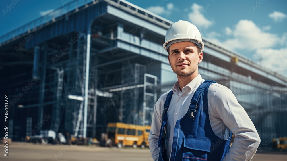 A confident male engineer stands with a large factory A confident male engineer stands with a large factory
