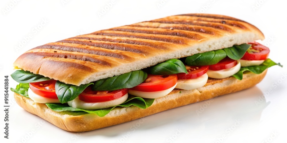 Paninis sandwich with tomato and mozzarella on a white background, Paninis, sandwich, tomato, mozzarella, white background, isolated Paninis sandwich with tomato and mozzarella on a white background, Paninis, sandwich, tomato, mozzarella, white background, isolated