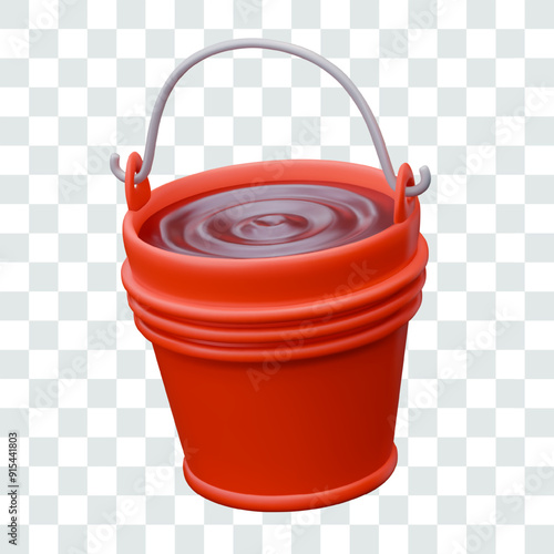 Red metallic bucket with water. Fire extinguishing element