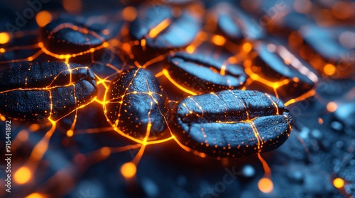 A futuristic close-up of augmented coffee showcasing tech lines and digital growth. The beans are highlighted with a glowing grid and interconnected nodes, demonstrating the advanced nature of modern
