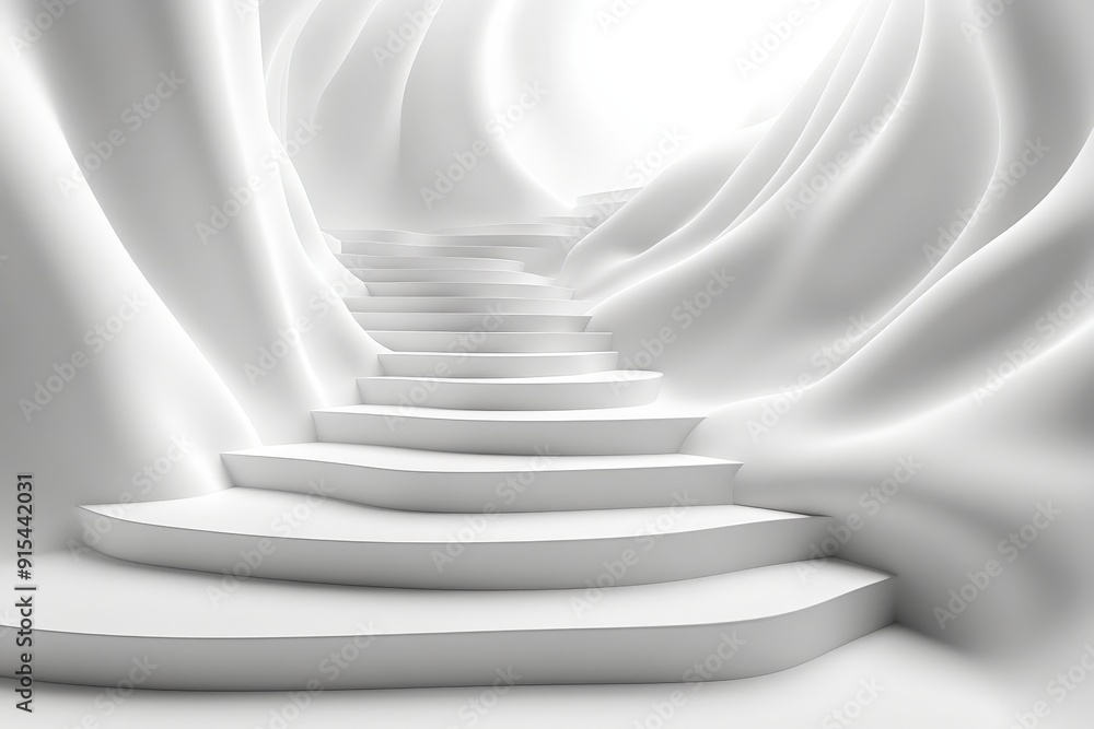 Obraz premium Stairway to the Light: Ascending white steps through ethereal, flowing drapes toward a radiant circular opening, symbolizing hope, possibility, and the unknown. 