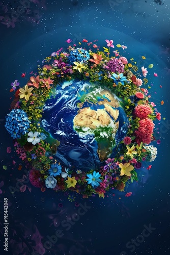 A digital art piece of the Earth made from various flowers and plants, representing global environmental protection day, with a dark blue background. The planet is covered in colorful blossoms and lus photo