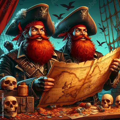 a pirate with red hair carrying a treasure map with a dashing look and a sharp gaze, Generative AI photo