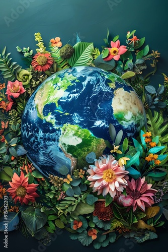 A digital art piece of the Earth made from various flowers and plants, representing global environmental protection day, with a dark blue background. The planet is covered in colorful blossoms and lus photo