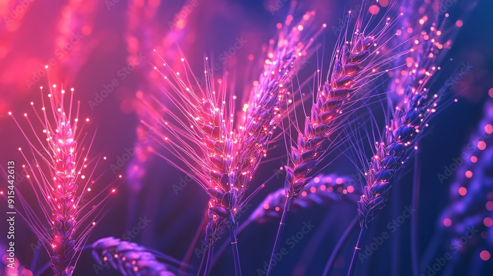 A vibrant depiction of neon wheat with glowing circuitry and digital growth. The tech lines and connected points reflect a futuristic approach to agriculture. The bio-enhanced grain is designed with A vibrant depiction of neon wheat with glowing circuitry and digital growth. The tech lines and connected points reflect a futuristic approach to agriculture. The bio-enhanced grain is designed with