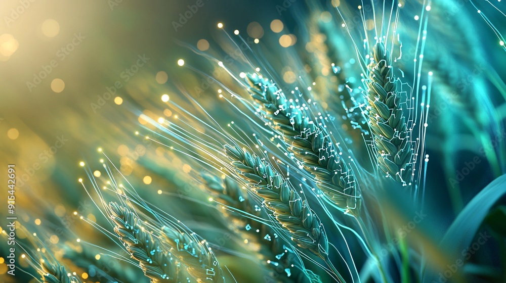 Fototapeta premium An artistic close-up of neon wheat with glowing circuitry and tech lines. The digital growth and connected points highlight the innovative nature of futuristic agriculture. The bio-enhanced grain