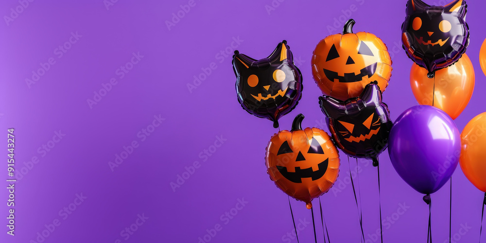 Spooky halloween balloons are floating on a purple background with copy space Spooky halloween balloons are floating on a purple background with copy space