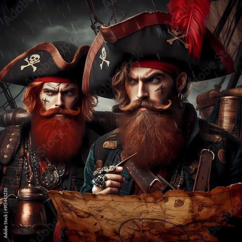 a pirate with red hair carrying a treasure map with a dashing look and a sharp gaze, Generative AI photo