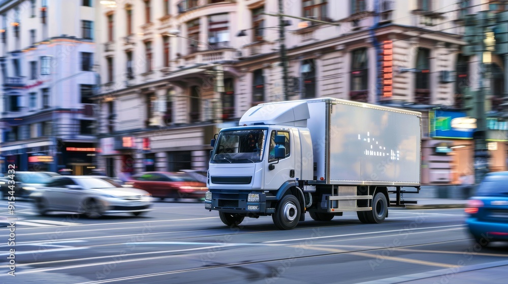 White truck on a busy city street with cars going in both directions and buildings in the background. White truck on a busy city street with cars going in both directions and buildings in the background.