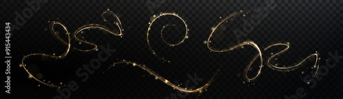 Gold curved light line, rope, tape. Smooth festive gold line png with light effects. Light golden Twirl png. Curve light effect of golden line. Luminous golden spiral png.
