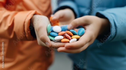 Closeup of hands giving candy to trickortreaters, TrickorTreat candy doortodoor, community spirit photo