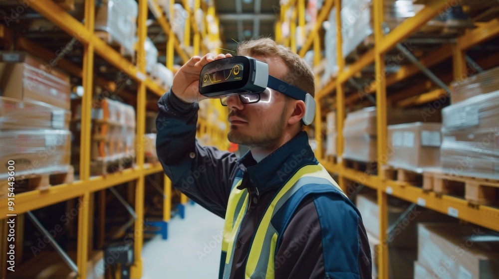 Warehouse worker wearing virtual reality headset Warehouse worker wearing virtual reality headset