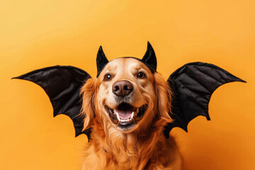 Golden retriever dog wearing devil costume with bat wings looking happy on orange background