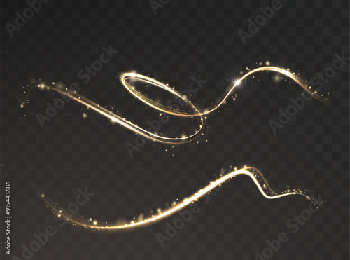 Gold curved light line, rope, tape. Smooth festive gold line png with light effects. Light golden Twirl png. Curve light effect of golden line. Luminous golden spiral png.  photo