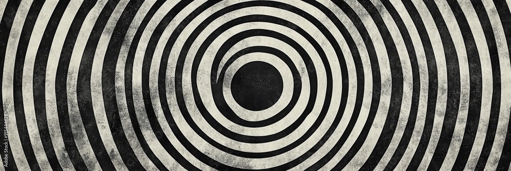 Obraz premium Abstract Black and White Concentric Circle Pattern on a Grungy Background, Suited for Retro, Vintage, or Visual Illusion Design Themes