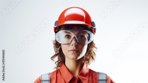  Female worker in a uniform with a helmet and goggles posing on white background  photo