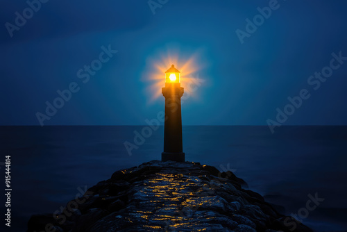 Lonely Lighthouse Illuminates the Ocean on a Moonlit Night photo